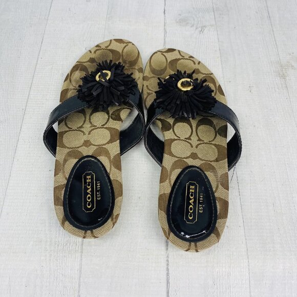 Coach Woman SUKI Leather Brown Khaki Logo Fringe Flower Flat Slide Sandals Sz 7 - Picture 7 of 14